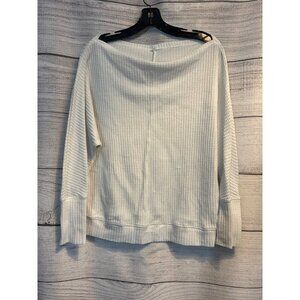 White Waffle Knit Long Sleeve Top With Boat Neckline & Ribbed Hem Size L